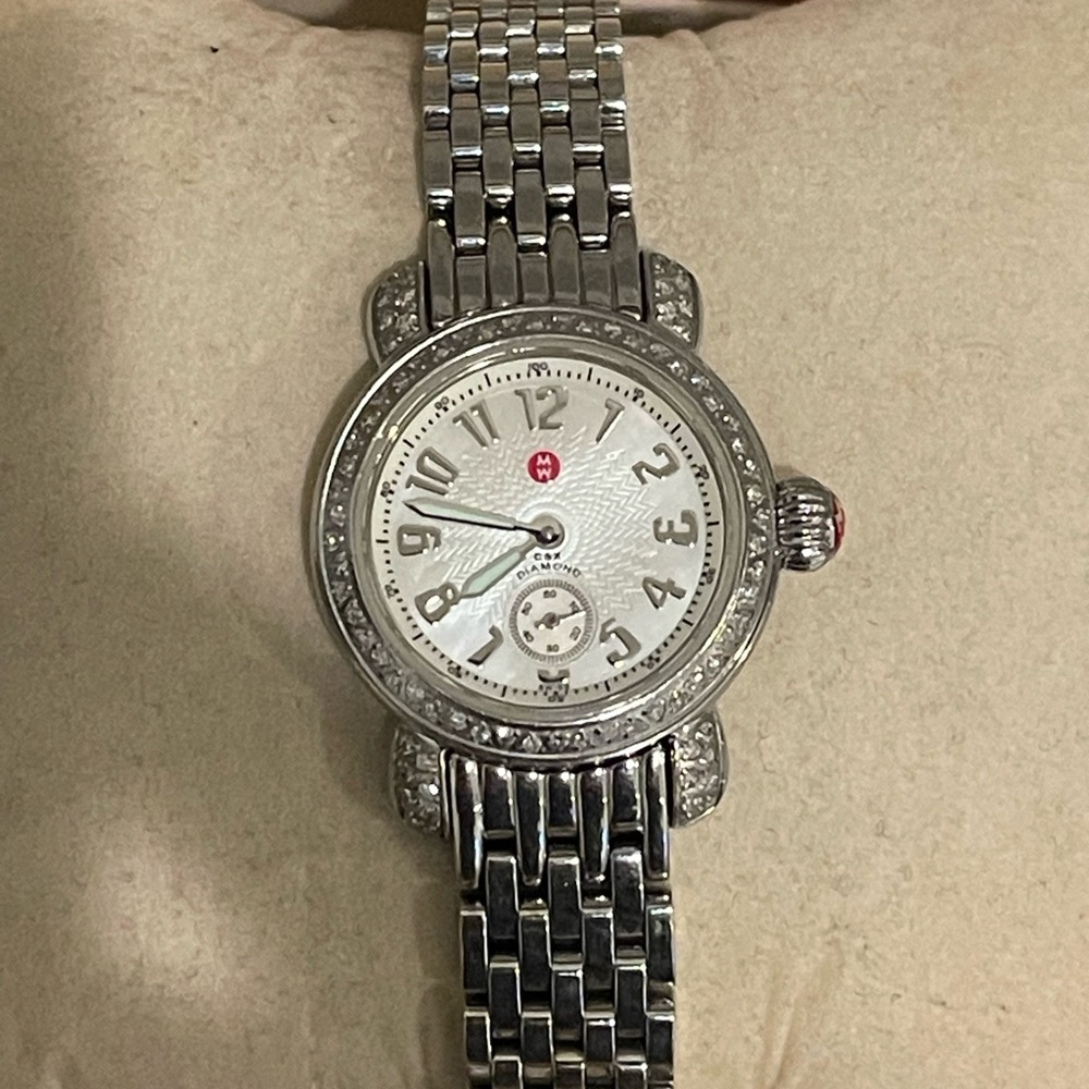 Michele round mother of pearl face with diamond bezel